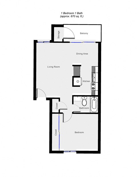 1 Bedroom floor plan for Shearwater Apartments